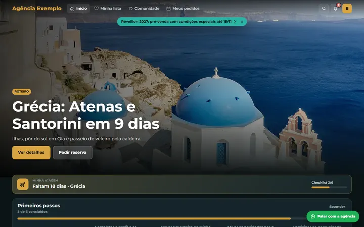 Página inicial da Área do Cliente, estilo streaming, com o roteiro em destaque e a contagem regressiva da viagem