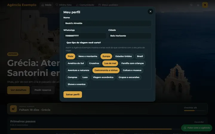 Perfil com interesses de viagem